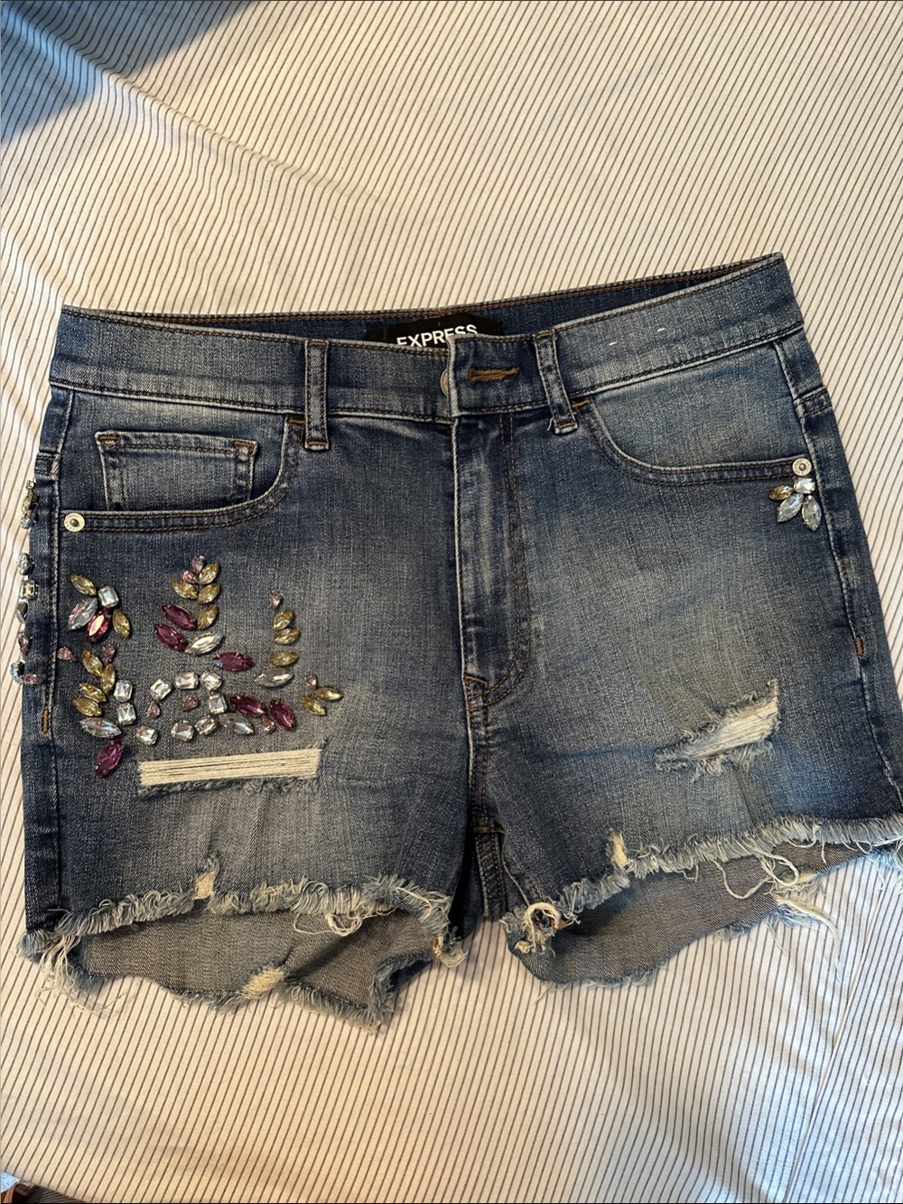 Express Blue Distressed Denim Shorts with Rhinestones Embellishments